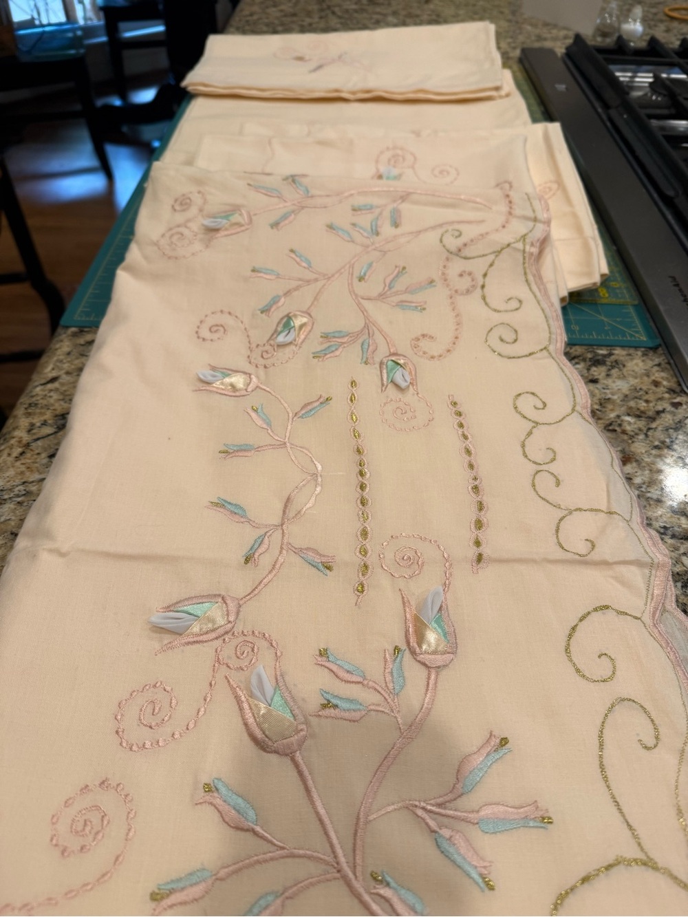 Hand-Embroidered & Appliqué Floral Sheet and 4 Pillowcases purchased in Egypt